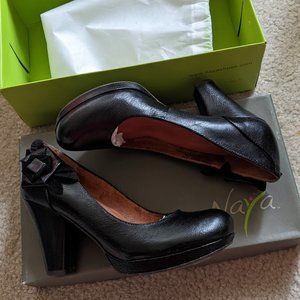 Naya Bakula Black Leather Platform Pump with Floral Heel Detail